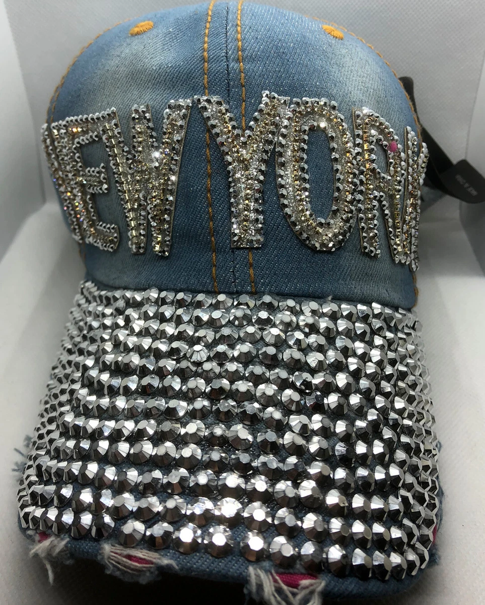 New York Woman's Hat Sparkly Bejeweled New Strap Back Denim Hat Silver  Sparkle | eBay