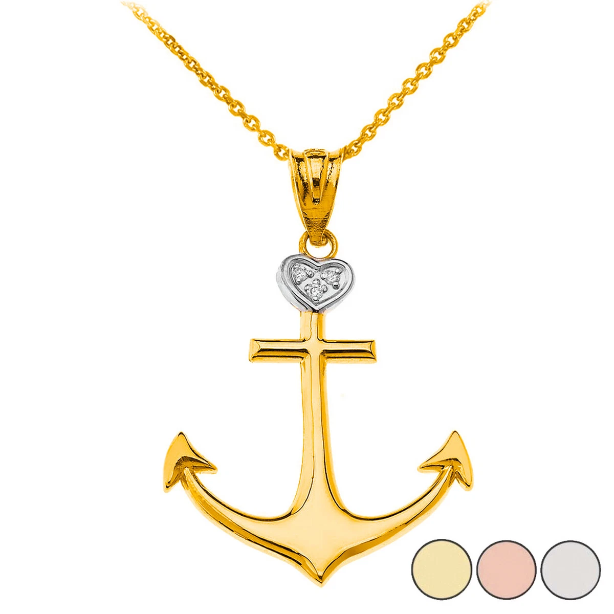 Solid Gold Diamond Nautical Ship Boat Anchor Heart Pendant Necklace
