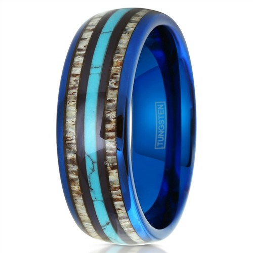 8mm Men's Blue Tungsten Turquoise & Deer Antler Stripe Domed Wedding Band Ring - Picture 7 of 8