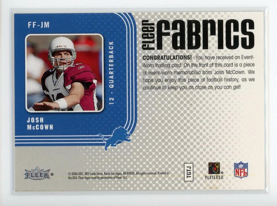 2006 Fleer Fabrics #FF-JM Josh McCown Lions - Image 2 of 2