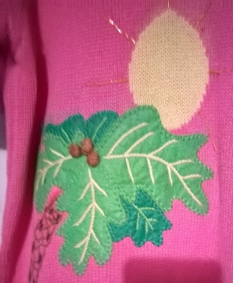 Vtg Quacker Factory Flamingo Tunic SS Sweater Pink Knit Palm Tree APPLIQUE Beads - Image 3 of 4