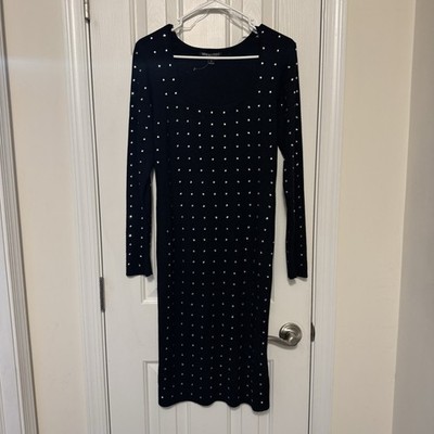 ABSOLUTELY FAMOUS Black Studded Ribbed Long Sleeve Midi Sheath Dress Size L  | eBay