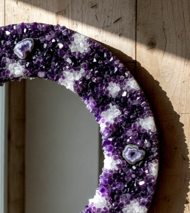 Amethyst Crystal Quartz Round Wall Mirror | Modern Boho Chic Mirror For Home Art - Image 2 of 4
