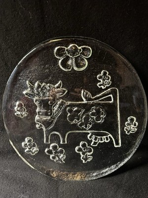 OLMA-Kuh Schweizer Glas-Käse-/Butterplatte ca. 1970 Künstler Willy Steinlin RAR!