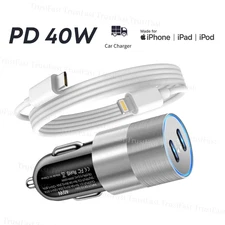 Dual Type C Fast 40W Car Charger Adapter PD USB C Cable For iPhone 14 13 12 11 8