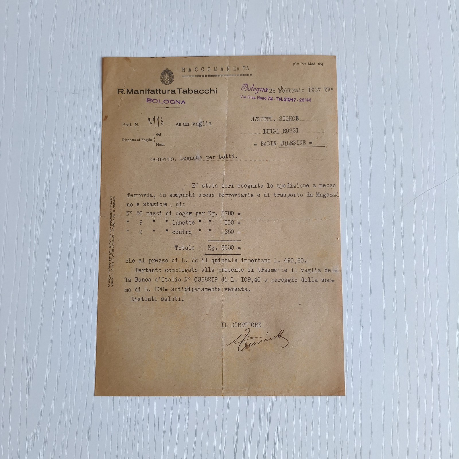 1937 R. Manifattura Tabacchi Bologna Lettera Commerciale C03752
