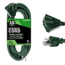 Weatherproof Green Extension Cord 15 ft 3 Outlets, 16/3 SJTW Outdoor 3 Way Plug