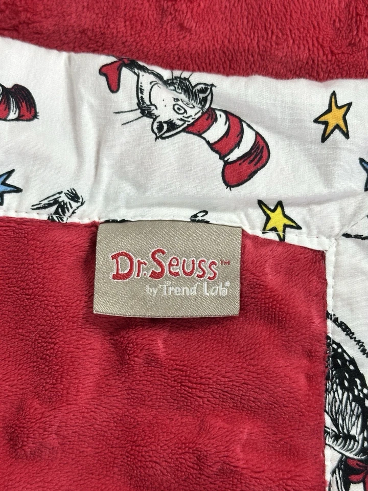 Dr Seuss Cat In The Hat Border Baby Blanket Red Minky Stars Embossed Trend Lab - Image 3 of 4