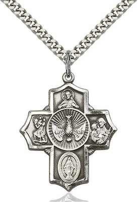 Sterling Silver 5-Way Christian Catholic Medal Pendant Necklace 24'' Chain Boxed