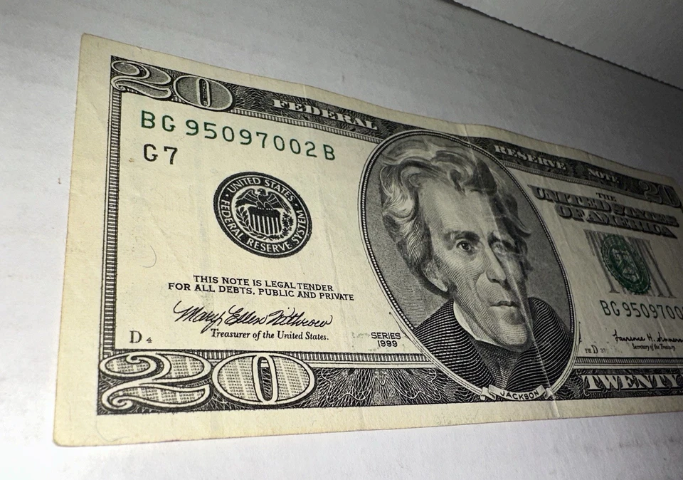 1999 $20 Dollar Bill Federal Reserve BG95097002B Circulated  - Image 3 of 4