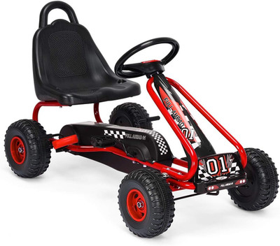 Go Kart for Kids, 4 Wheel Pedal Powered Go Cart with Steering Wheels & Adjustabl