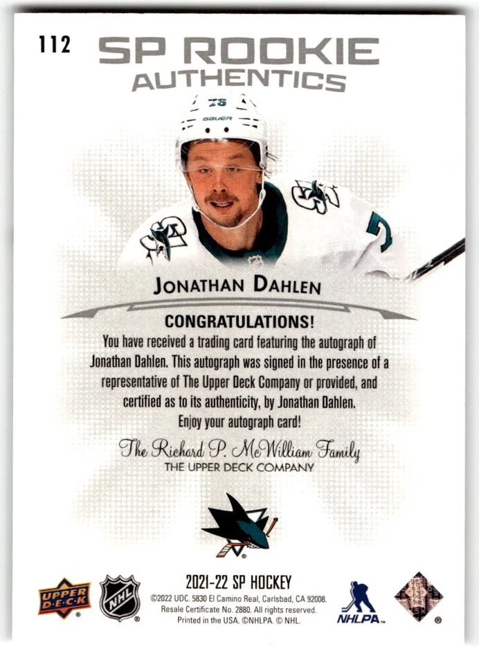2021-22 SP Authentics Gold Jonathan Dahlen Rookie Auto #112 San Jose Sharks - Image 2 of 2