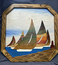 VTG Handcrafted Intarsia Wood Sailboat Wall Art signed Regatta Nautical