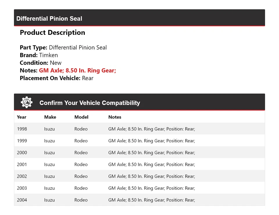For 1998-2004 Isuzu Rodeo Differential Pinion Seal Rear Timken 1999 2000 2001 - Image 2 of 4