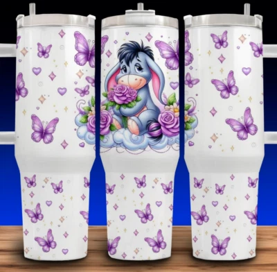 40oz Eeyore Purple Butterfly Rose Cup Tumbler Stainless Steel with Handle