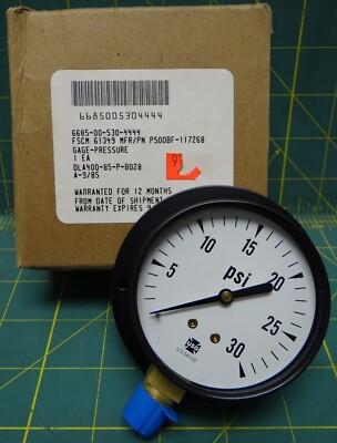 USG 2.5'' Pressure Gauge 0-30 PSI Back Flange Bottom 1/4'' NPT  PN: P500BF-117268