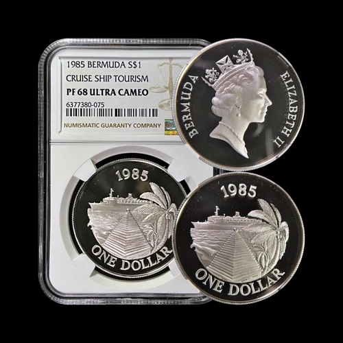 BERMUDA. 1985, 1 Dollar, Silver - NGC PF68 - QEII, Cruise Ship Tourism, Buttery