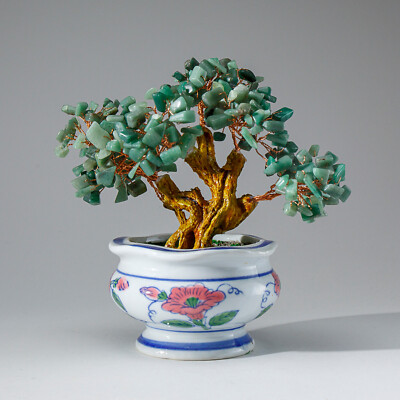 Genuine Green Aventurine Gemstone Bonsai Tree in Round Ceramic Pot (7 )