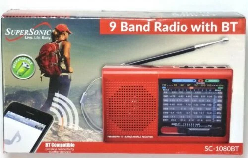 Supersonic 9-Band Rechargeable Bluetooth AM/FM Radio (Red) with USB/SD MP3 - Image 3 of 4