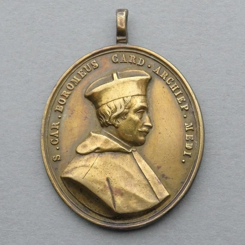 Antique Religious Bronze Pendant. St Charles Borromeo, Mary, Jesus. Large Medal.