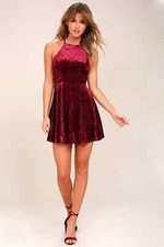 Lulus Dancing Queen Velvet Burgundy Backless Skater Dress XL