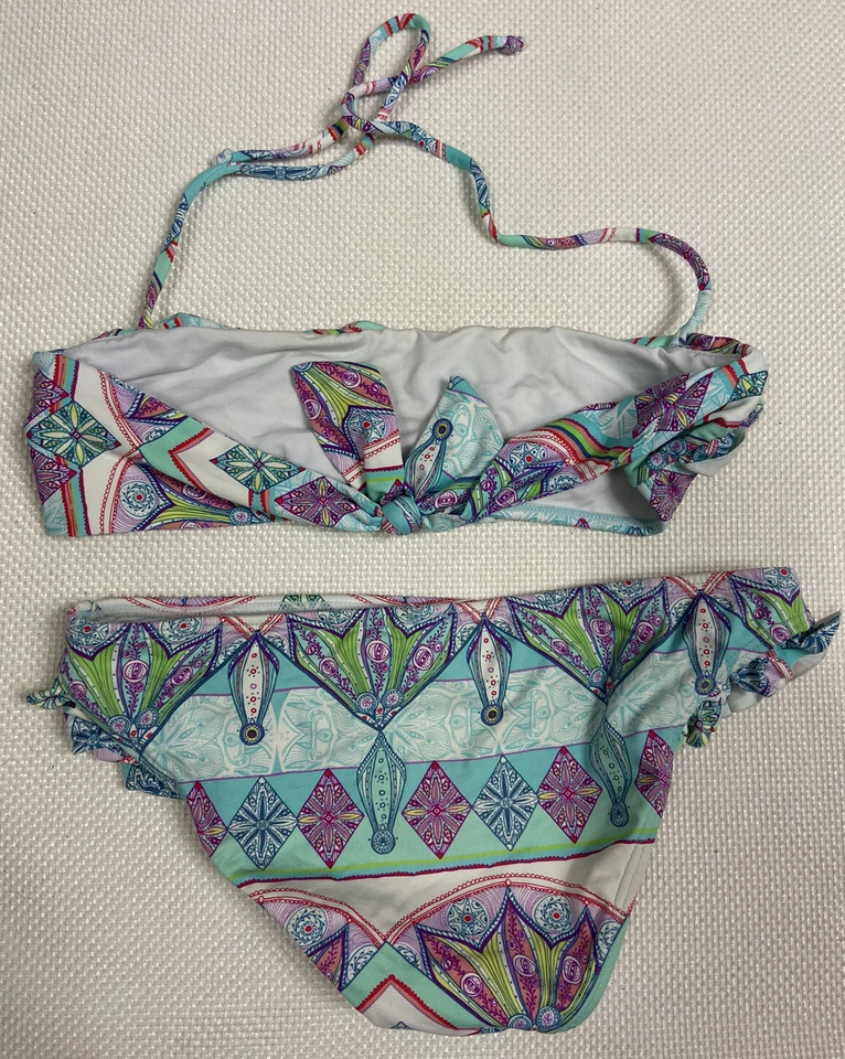 Conjunto de bikini Ondademar 14 azul rosa geo estampado en capas parte superior con volantes laterales halter Foto 2 de 3