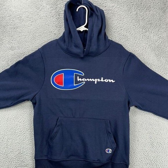 Champion Hoodie Men Small Navy Graphic Print Sweatshirt Sweater