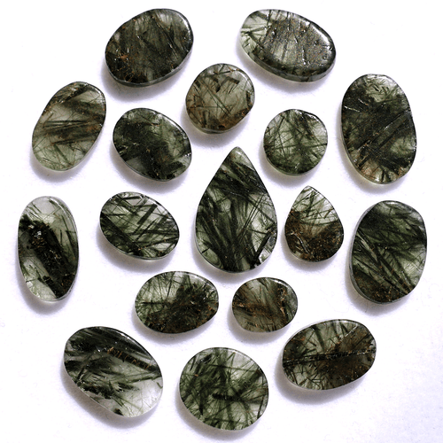 17 Pcs Natural Green Rutile Quartz Hi-Grade 8.8mm-17.4mm Cabochon Gemstones Lot - Picture 1 of 11