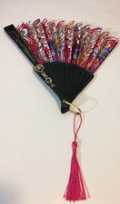 VINTAGE Asian Fans Handheld Folding Accordion Style Black Multicolor