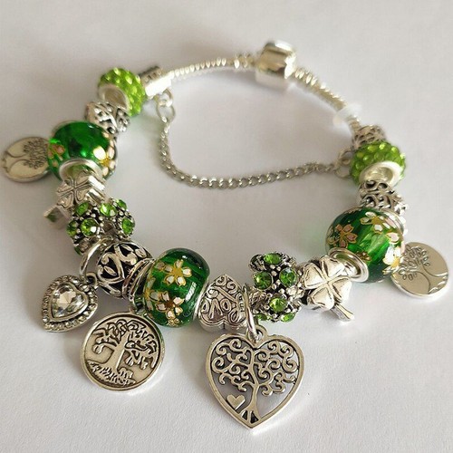 Green Tree of Life Charm Beads Bracelets-Silver Color Hear Bangles Women Jewelry - Picture 16 of 16