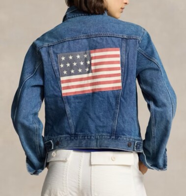 Polo Ralph Lauren Flag Patch Denim Trucker Jacket Women's Blue size M Medium
