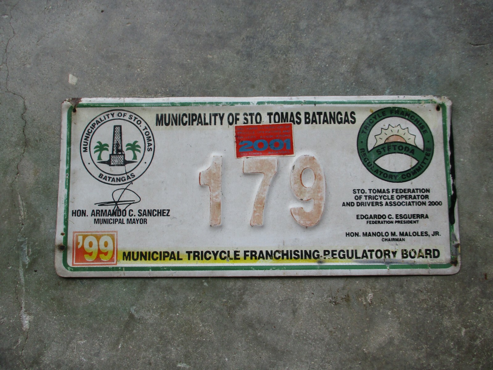 Philippines 1999/2001 Sto. Tomas Tricycle license plate 179 eBay