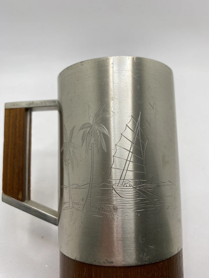 Mugs x4 Teak and Pewter 12oz with handles, sailboat & palms TIKI MCM VTG 1970s Foto 4 de 4