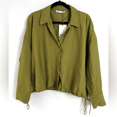NEW ZARA ZW Collection Medium Green Wrinkled Satin Effect Button Front Top