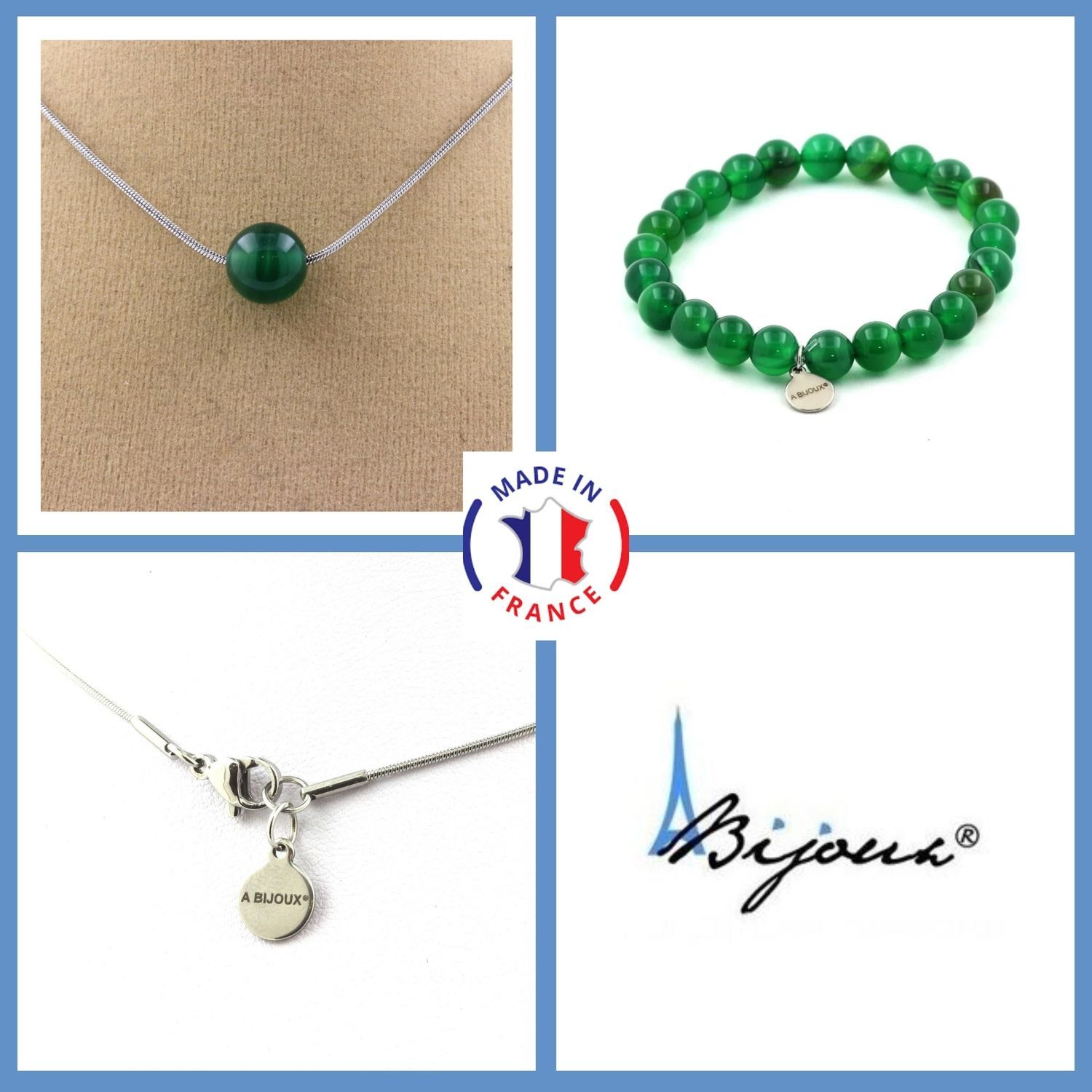 Parure bijoux pierres minéraux agate verte collier bracelet