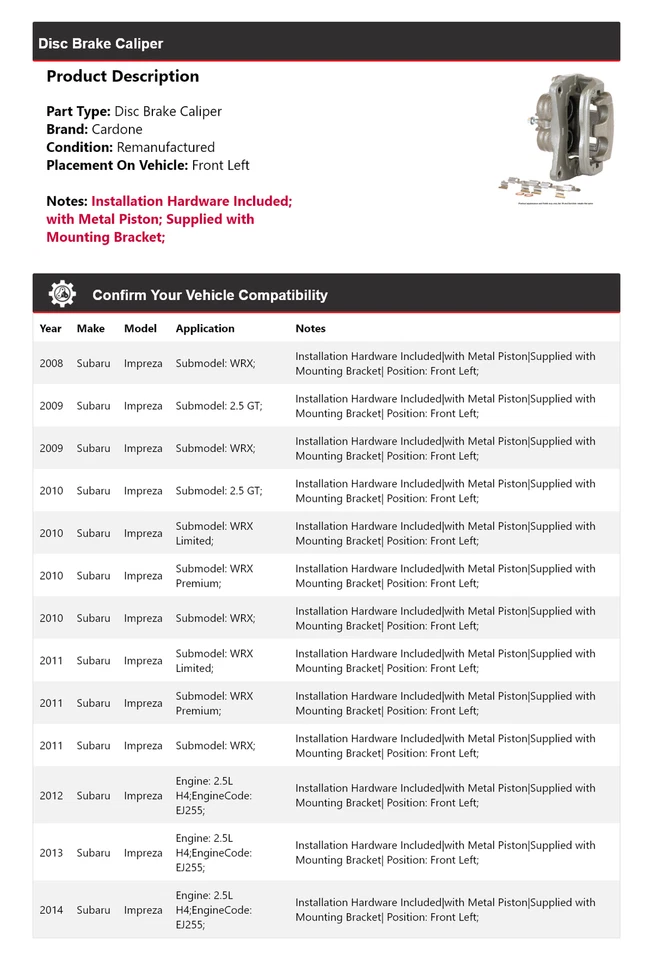 Para 2008-2014 Subaru Impreza pinça de freio a disco dianteira esquerda Cardone 2009 2010 - Imagem 2 de 4