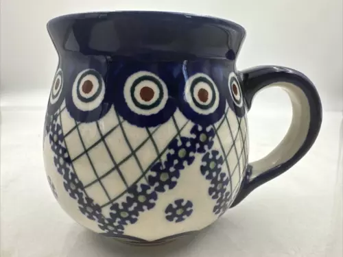 VTG Polish Pottery Coffee Mug Cup Lace Yellow Center 16oz Bubble