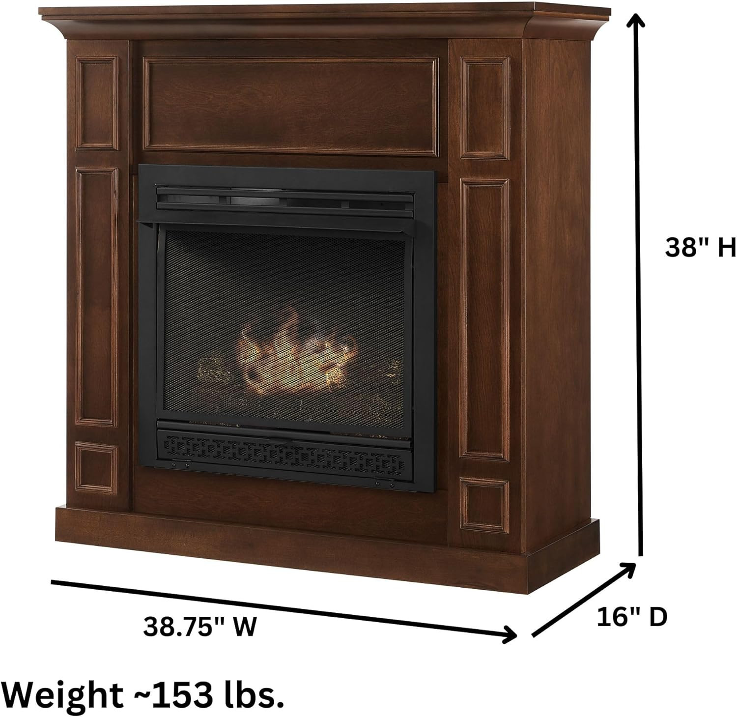 Dual Fuel Ventless Gas Fireplace with Mantle the Avalon, Adjustable Thermostat,