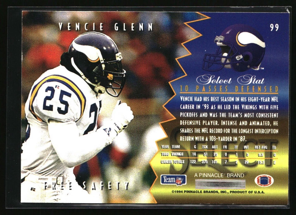1994 Select #99 Vencie Glenn - Image 2 of 2