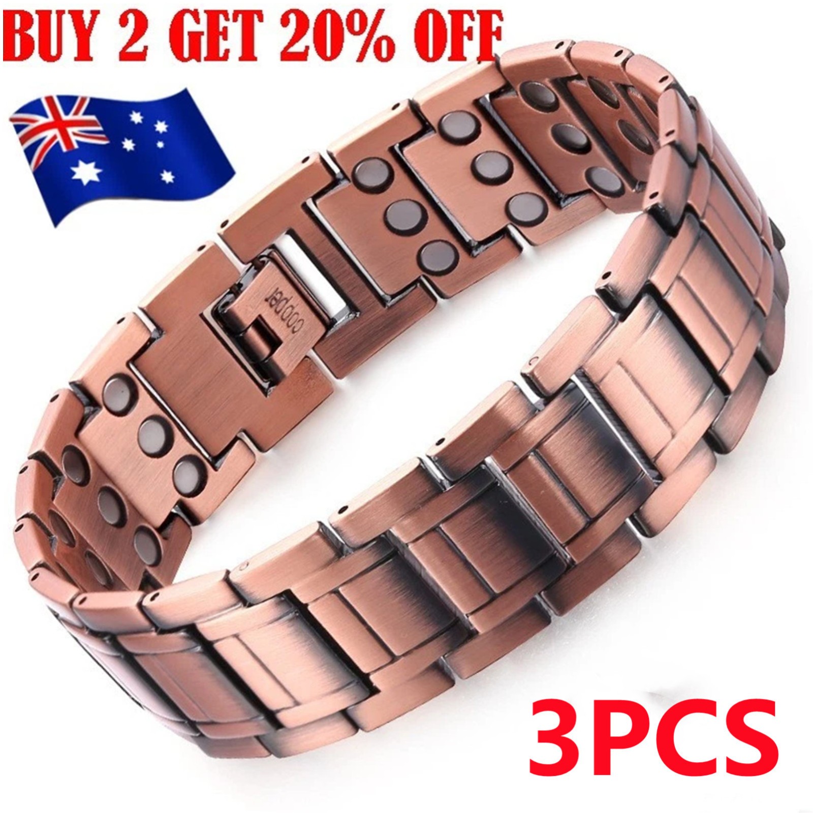 3PCS Pure Copper Magnetic Therapy Bracelet Double Strong Men Women Healing AU
