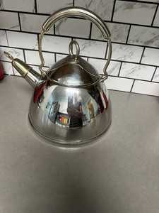 Vintage Copco Stainless Steel Tea Kettle Gold Tone Accents 