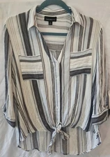 Fortune + Ivy Womens 3/4 Sleeve Button & Tie Front Blue Black Grey White Gauze