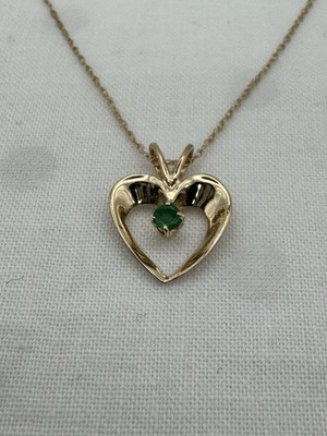 14K Solid Gold Open Heart Emerald Pendant & 18  Fine Rope Chain Necklace