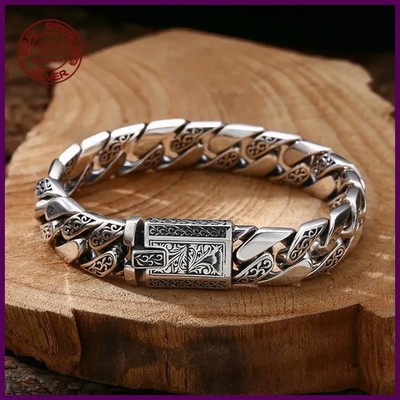 Sterling Silver Timeless Vine Garland Buckle Retro Punk Tank Bracelet.