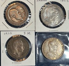 Lot of 4 3 Marks Imperial Germany Silver Coins 1910 1911 A F & D Circulated