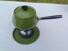 MCM Fondue Set Avocado Green Enameled Aluminum Holiday Housewares Alcohol Burner