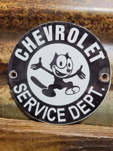 VINTAGE CHEVROLET PORCELAIN SIGN OLD 6" FELIX THE CAT CHEVY CAR TRUCK DEALER USA