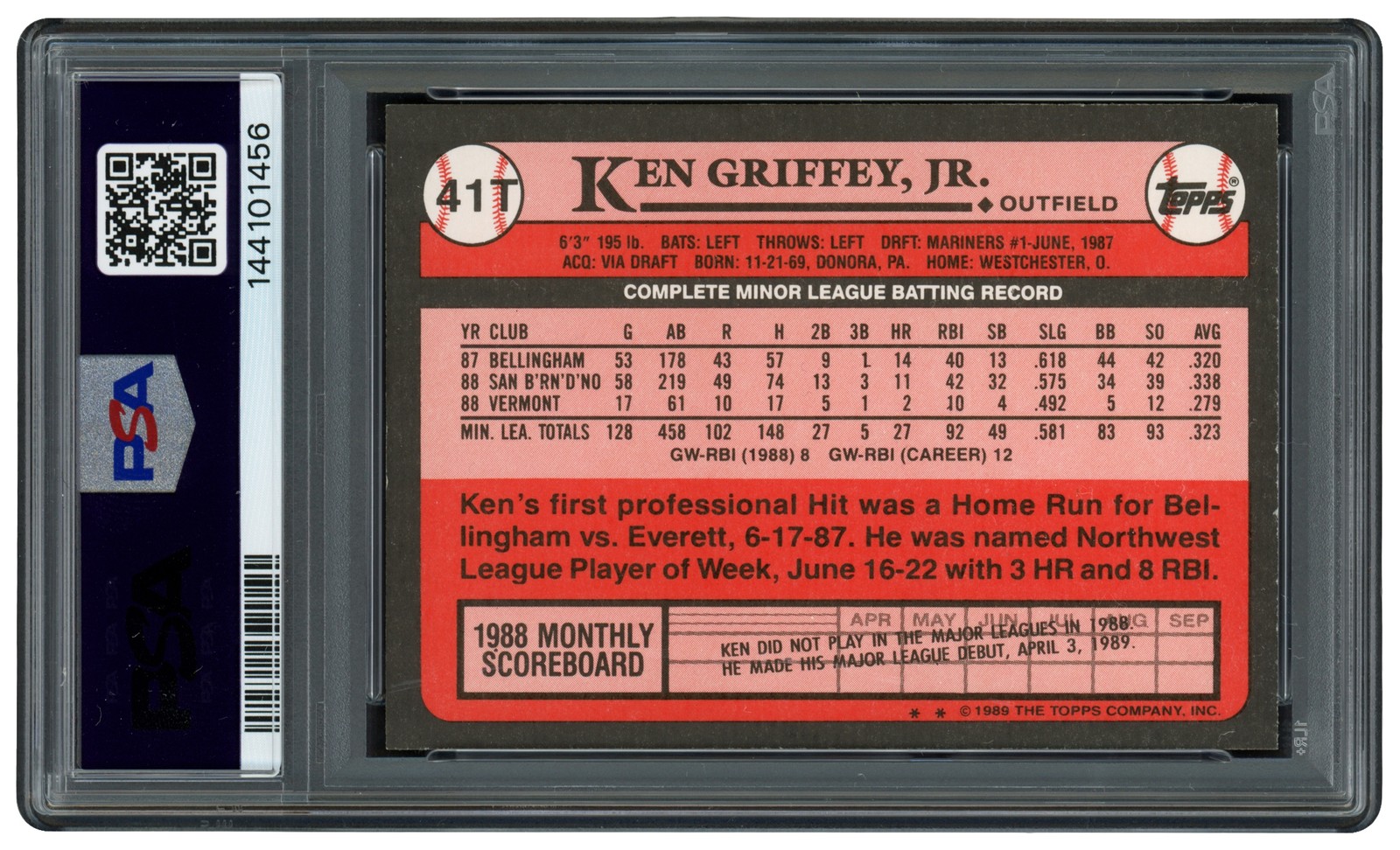 Ken Griffey Jr. Signed 1989 Topps Traded RC 41T Mariners PSA 9 Sig 10 PSA/DNA view 2