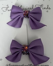 Beautiful Purple Glitter Inspired Set of Pig Tail hair bows for girls. 2  