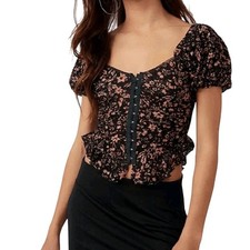 Free People Black Orange Floral Lace Corset Top Puff Sleeve Ruched Peplum Size L